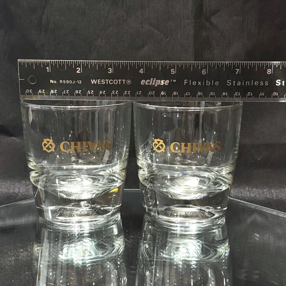 Chivas Regal Scotch Whisky Rocks Glasses Set of 2 Gold Logo Heavy Base Lowball